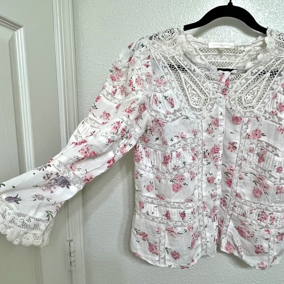 LoveShackFancy Cotton Floral Print Button Down Top Pink White Size XS - Picture 4 of 8